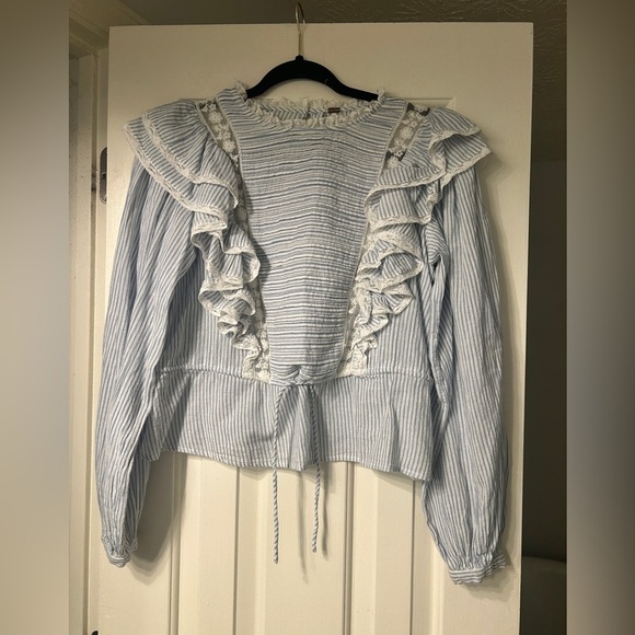 Free People Tops - Free People Blue Pinstripe Ruffled Lace Victorian-Style Cotton Blouse XSmall
